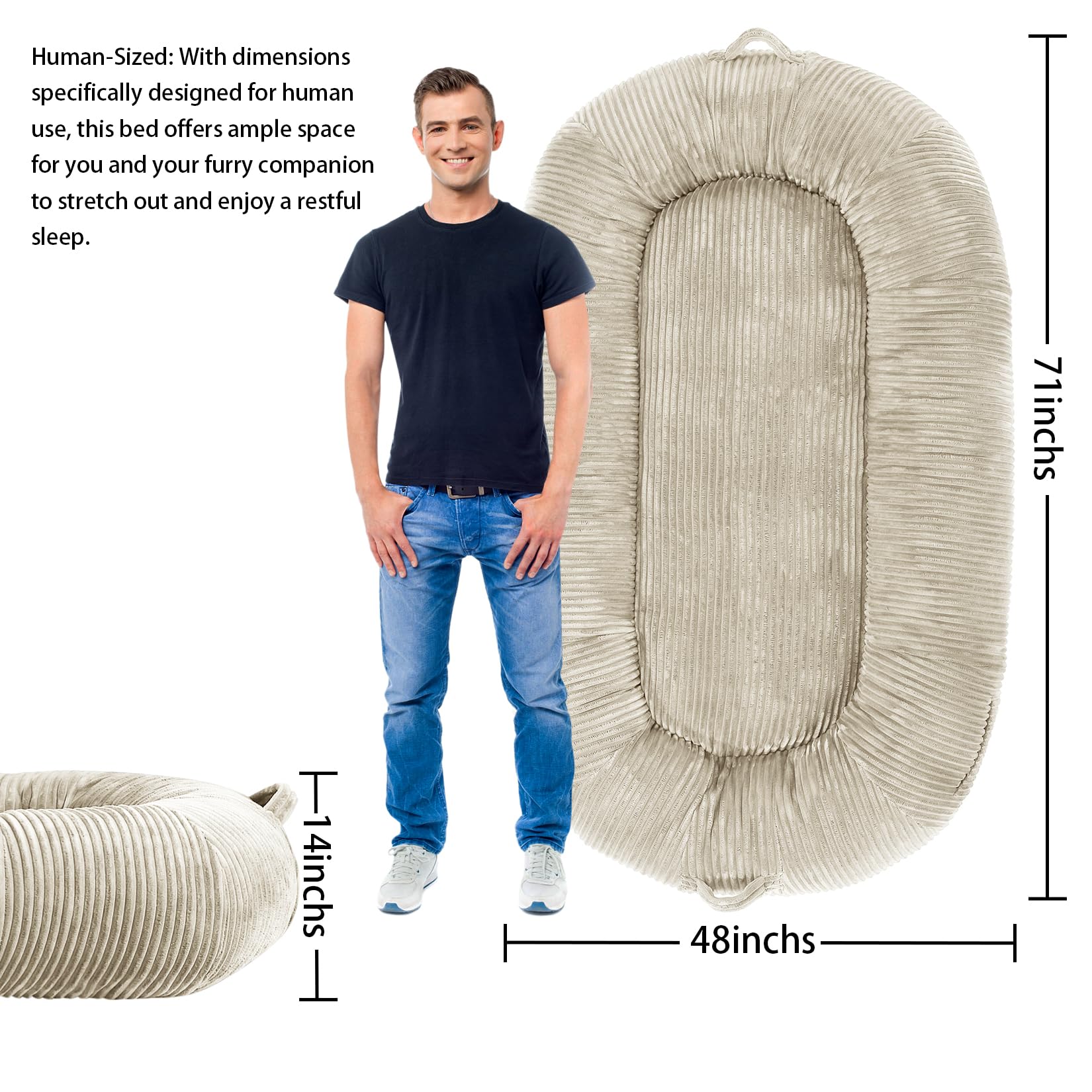 Garvee Dog Bed for Adult, Human Size Giant Dog Bed for Men and Women, 71”x48”x14” Human Dog Lazy Sofa Bed for People and Pets, Washable Strip Flannel Nap Bed Adult Oval, Human-Sized Dog Bed,Khaki