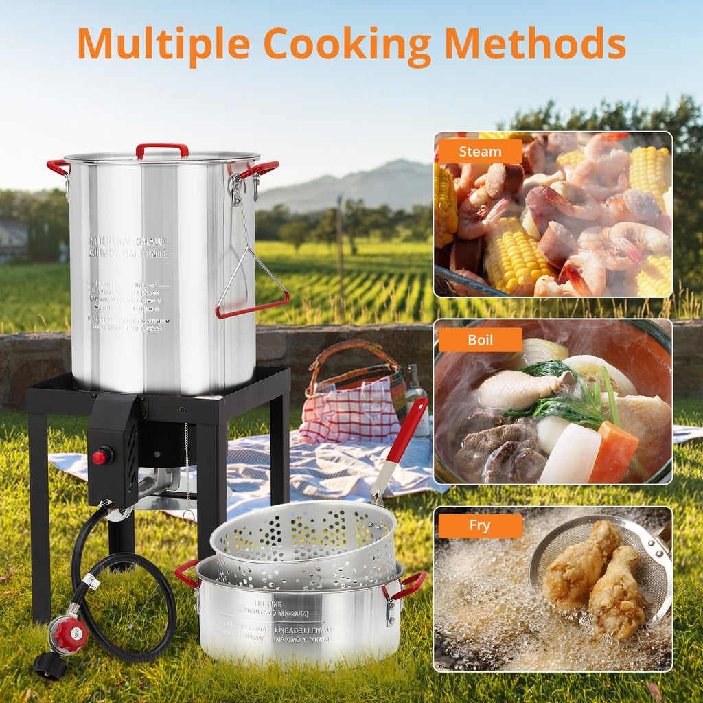Garvee 30 Qt Turkey Deep Fryer & 10 Qt Fish Fryer Kit - Aluminum Crawfish Boiler Pot with 38,000 BTU Outdoor Propane Burner, Thermometer & Turkey Rack