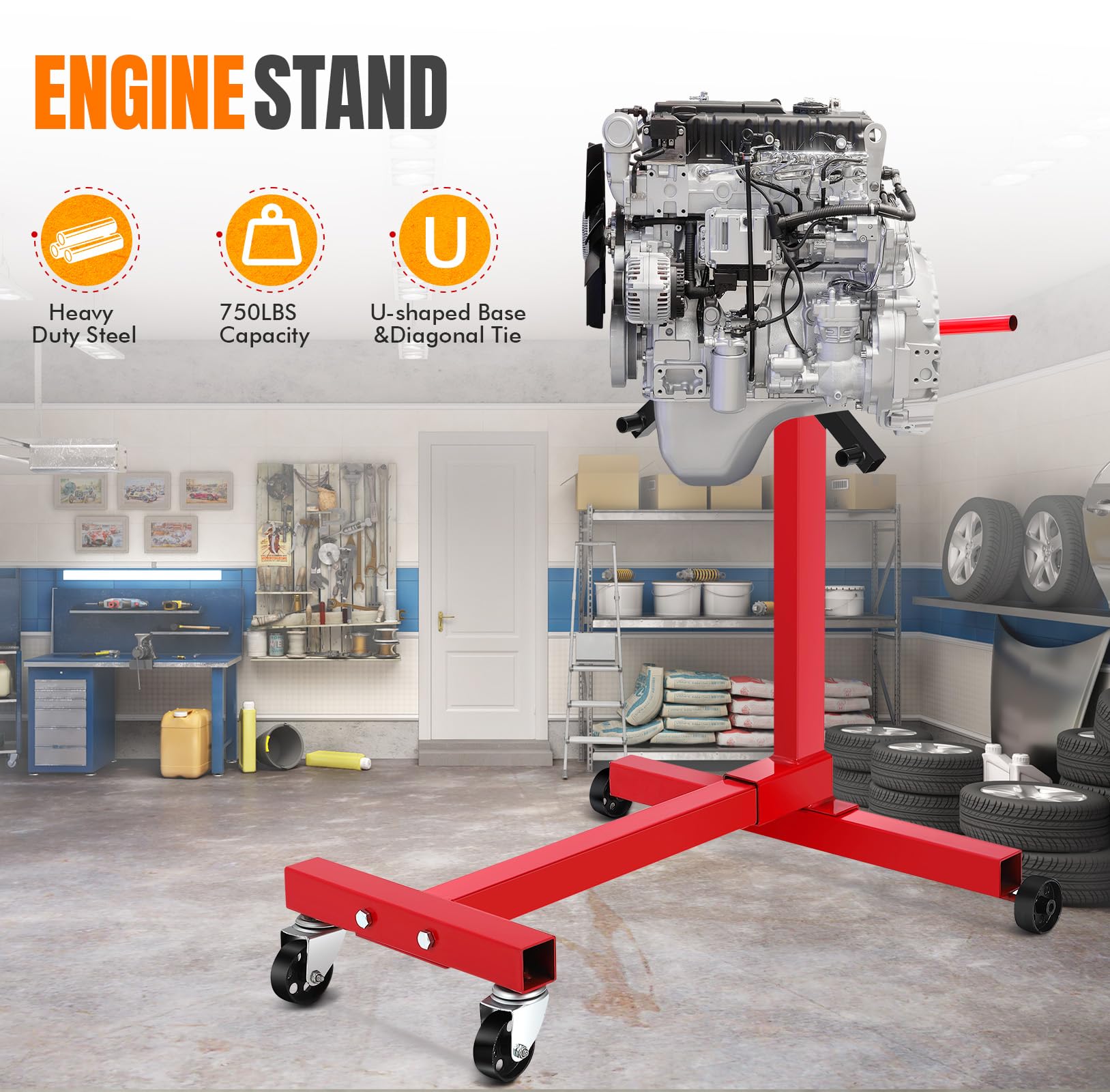 Garvee Engine Stand, 750 lbs (3/8 Ton) Rotating Engine Motor Cradle with 360 Degree Adjustable Head, Cast Iron Motor Hoist Dolly, 4-Caster, 4 Adjustable Arms, for Vehicle Maintenance