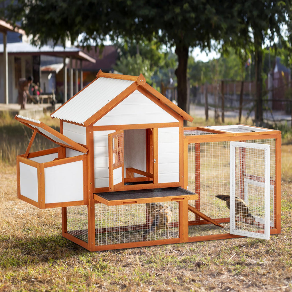Garvee Outdoor Chicken Coop Wooden Hen House with Run, Poultry Cage w/Ramps, Nesting Box, 4 Access Areas, Wire Fence, Removable Bottom for Easy Cleaning