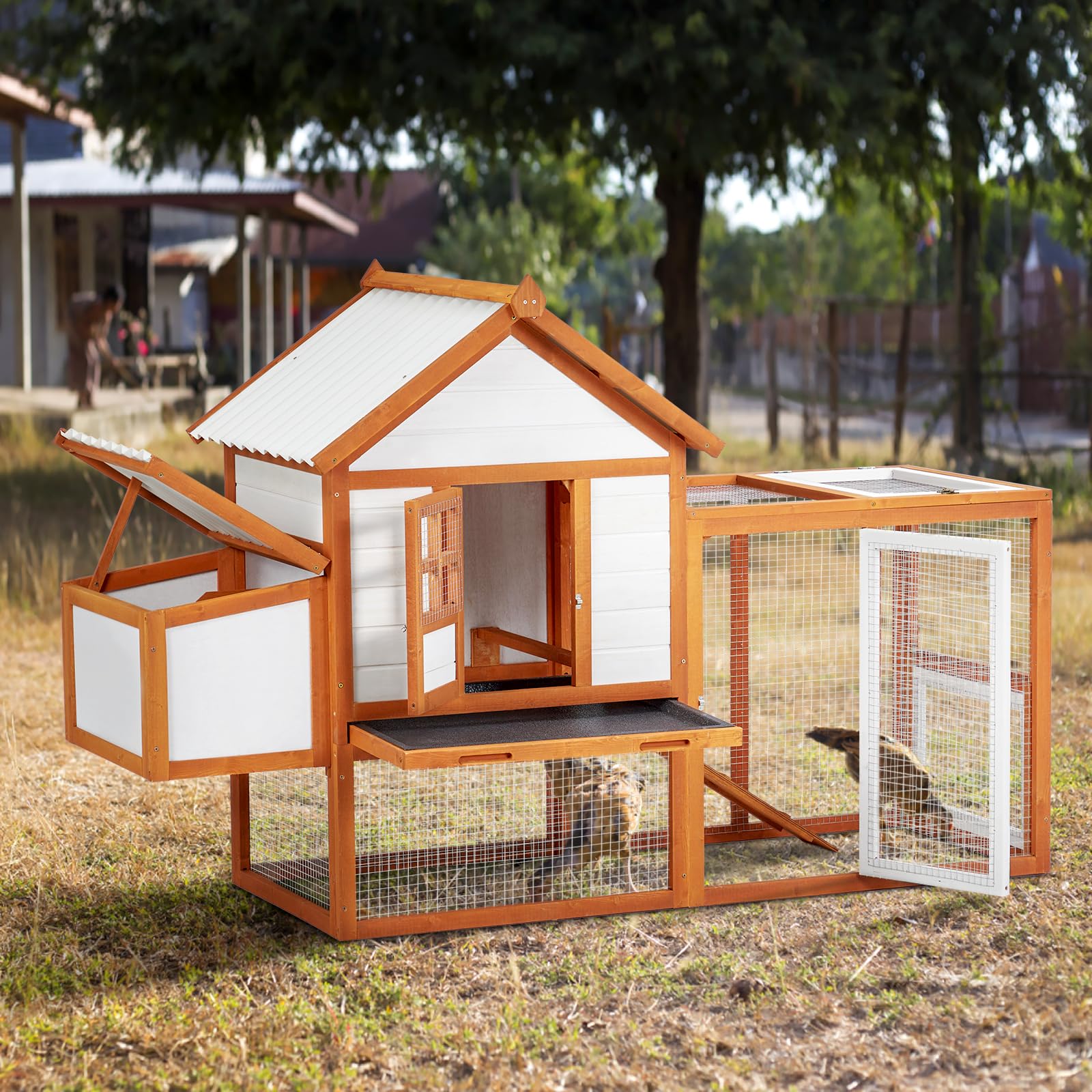 Garvee Outdoor Chicken Coop Wooden Hen House with Run, Poultry Cage w/Ramps, Nesting Box, 4 Access Areas, Wire Fence, Removable Bottom for Easy Cleaning
