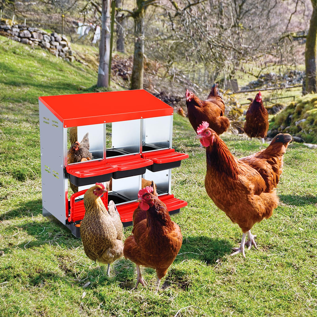 Garvee 6-Compartment Chicken Nesting Box, Roll-Away Egg Collection Box with Perch, Protective Lid & Removable Trays, Wall-Mount Coop Nest Box, Red