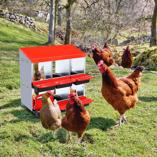 Garvee 6-Compartment Chicken Nesting Box, Roll-Away Egg Collection Box with Perch, Protective Lid & Removable Trays, Wall-Mount Coop Nest Box, Red