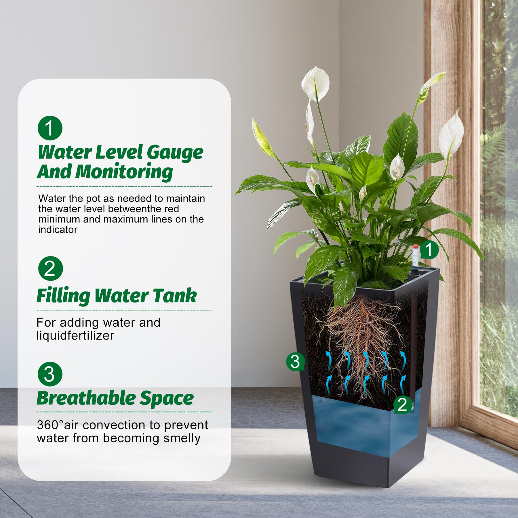 Garvee 21.6" Tall Rectangular Planters Set of 2 Large Modern Plant Pots with Drainage Holes＆Water Level Monitor＆Wheels Outdoor and Indoor for Patio, Porch, Living Room, or Home Office,Black and White Dots