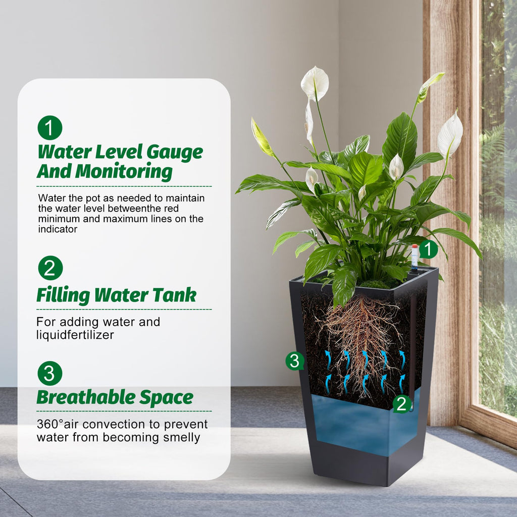 Garvee 16 Inch Tall Rectangular Planters Set of 2 Large Modern Plant Pots with Drainage Holes＆Water Level Monitor＆Wheels Outdoor and Indoor for Patio, Porch, Living Room, or Home Office, Black