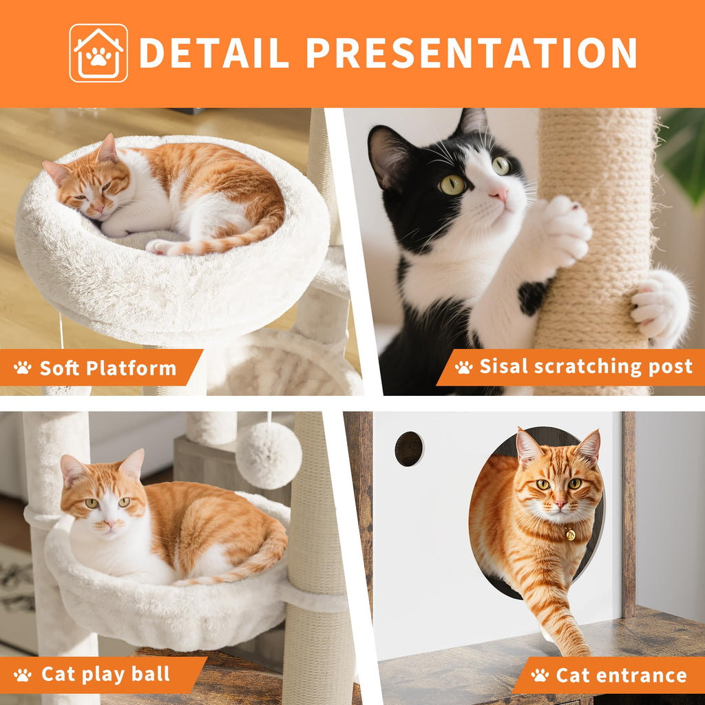 Garvee Cat Tree with Litter Box Enclosure, Sisal Scratching Post, Modern Wooden Cat Tower, Rustic Brown, Compact 31.5''x18.9''