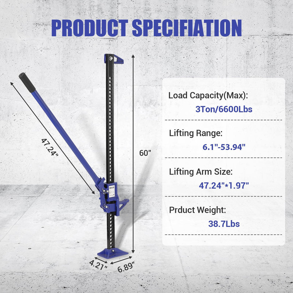 Garvee 3 Ton Farm Jack, 60" Heavy Duty Utility Jack, 6600lbs Capacity, Ratcheting Off-Road Jack for ATV, UTV, SUV, Truck, Tractor, Universal Use, Blue