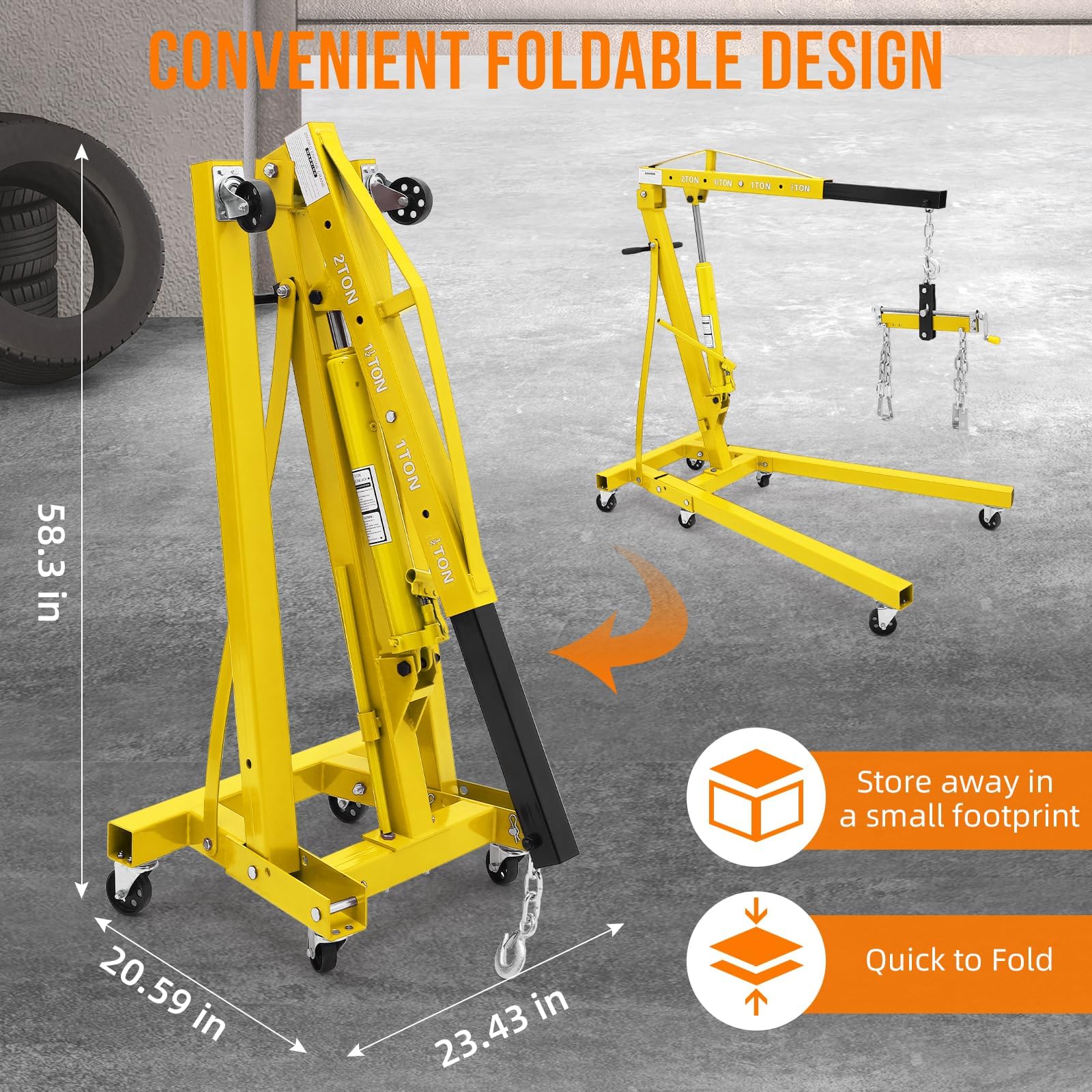 Garvee 2-Ton Folding Hydraulic Engine Hoist - 4000 lbs Cherry Picker Engine Lift with Lever, Telescopic Boom, Hydraulic Tilting, 6 Iron Caster Wheels, and Hitch, Yellow