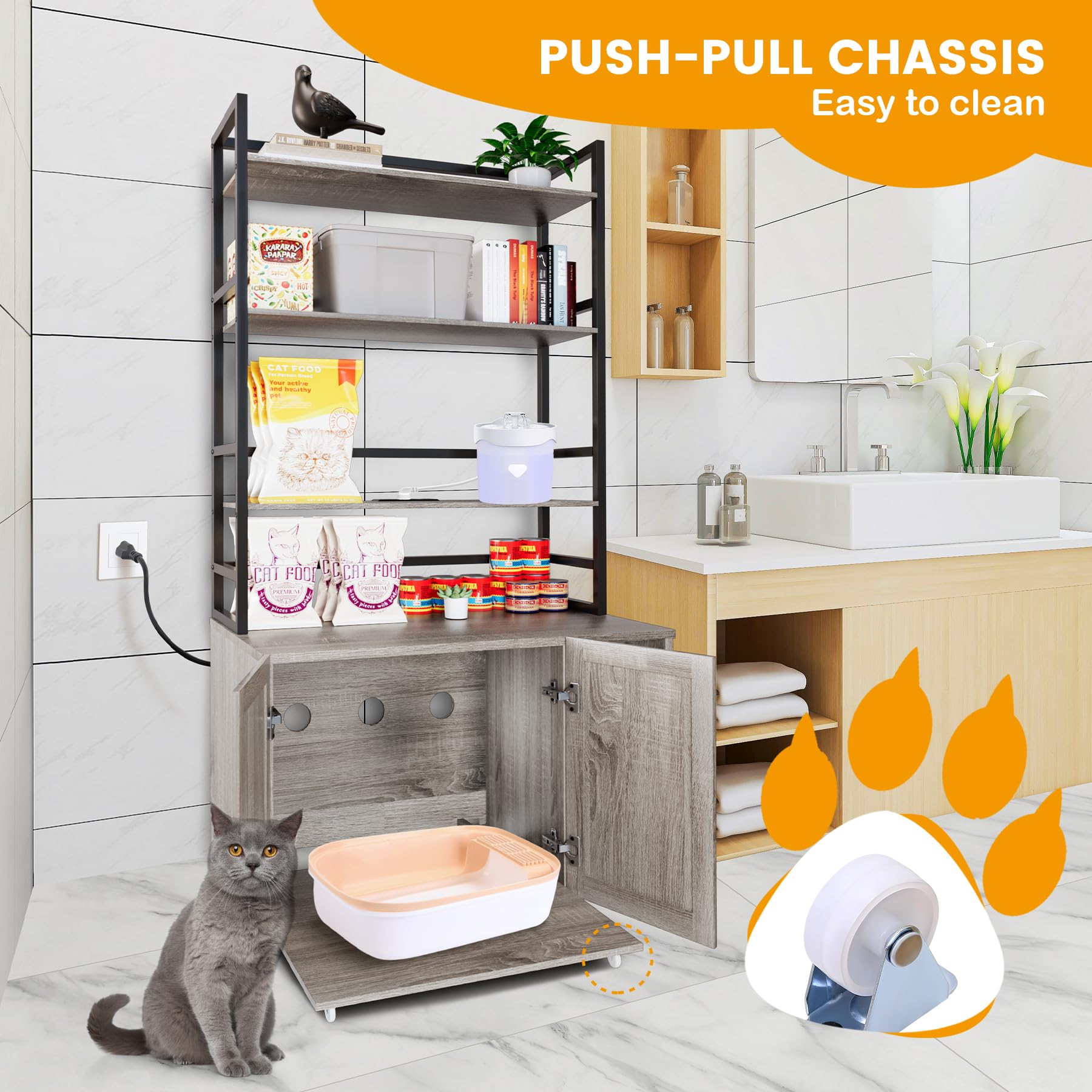 Garvee Cat Litter Box Enclosure, Hidden Cat Litter Box Furniture, Large Double Door Cat House with 3 Shelves and Charging Station, Push-Pull Mobile Chassis - Grey