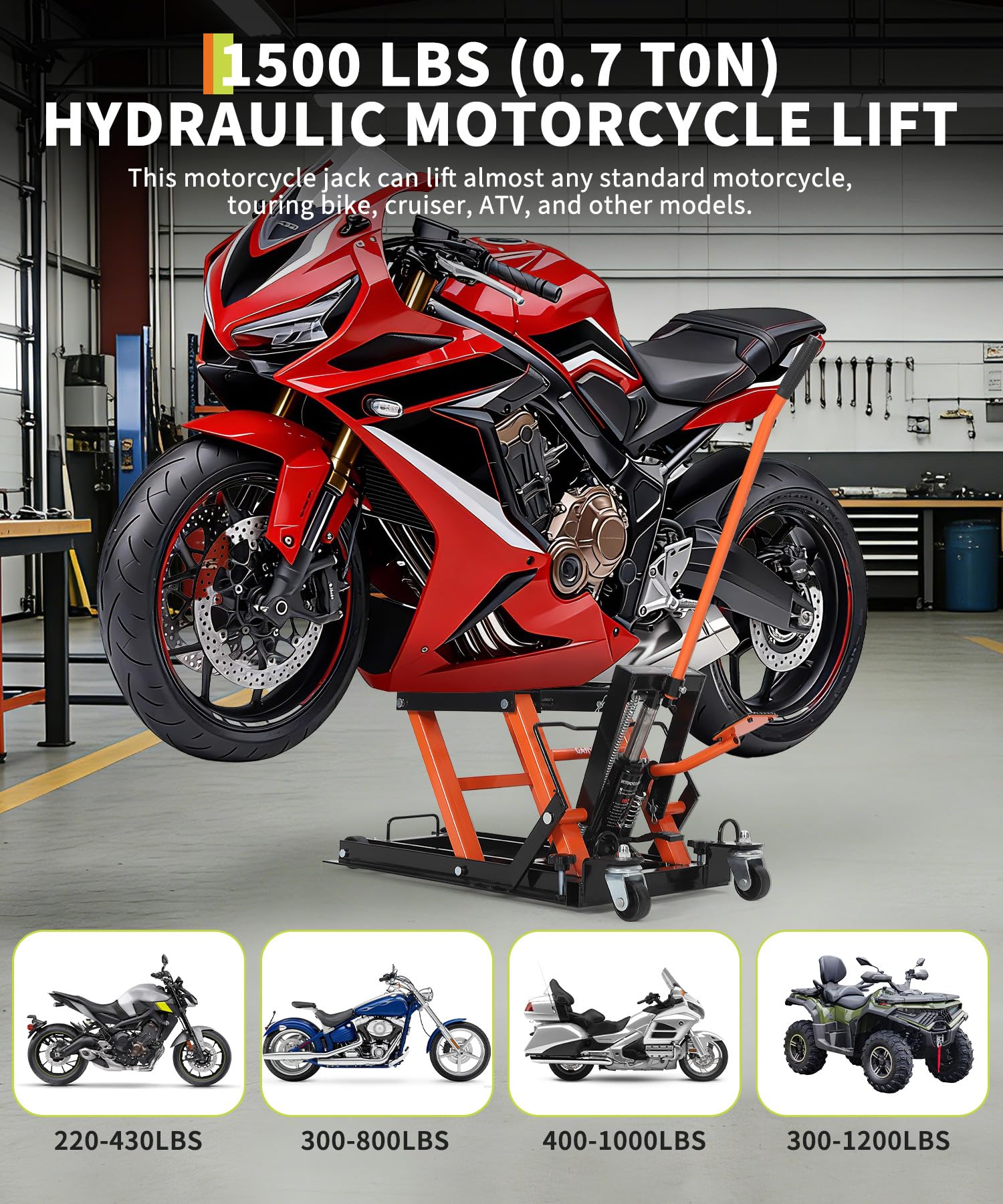 Garvee Hydraulic Motorcycle Lift Jack - 1500 lbs Capacity ATV Scissor Jack with 4.7"-14.57" Height Adjustment, Non-Slip Platform for Motorcycles, ATVs, and UTVs, Black Orange