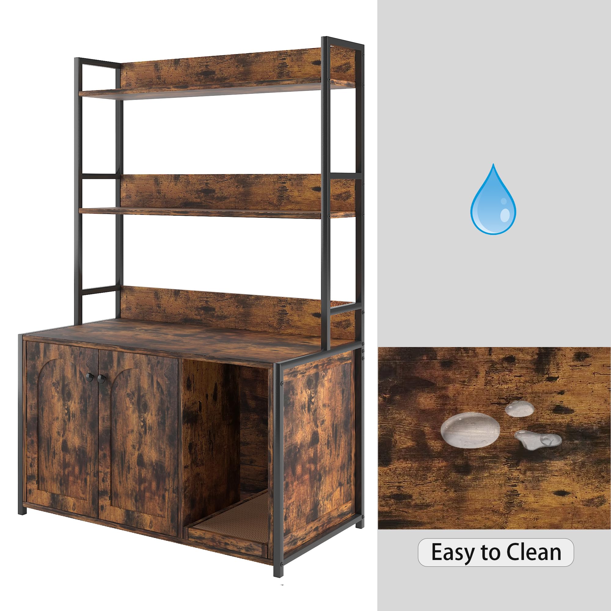 Garvee Cat Litter Box Enclosure with Shelf Storage, Double Door, Indoor Cat Cabinet, Brown, Multi-Layered, Sturdy