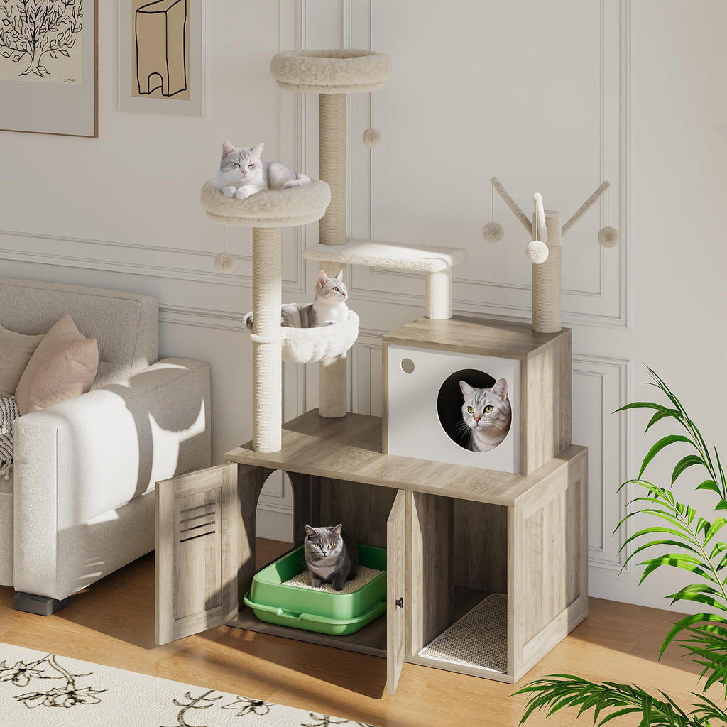 Garvee Cat Tree with Litter Box Enclosure, Sisal Scratching Post, Modern Wooden Cat Tower, Rustic Grey, 31.5''x18.9''