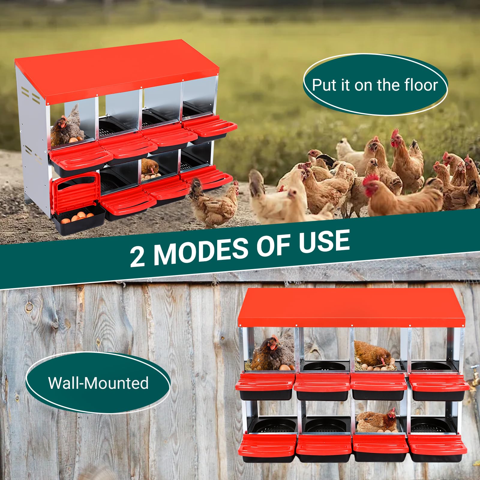 Garvee Nesting Boxes for Chickens, 8 Compartment Roll Away Nesting Box with Egg Collection, Perch, Lid Cover for Egg Protection, Wall Mount/Free Standing Nest Box for Chickens