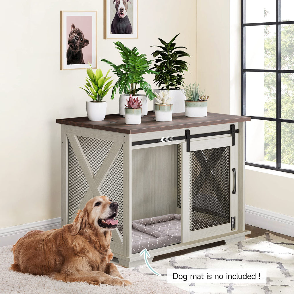 Garvee 37" Dog Crate Furniture Side End Table with Flip Top and Movable Divider, Wooden Dog Crate Table Large, Style Dog Kennel Side End Table, White