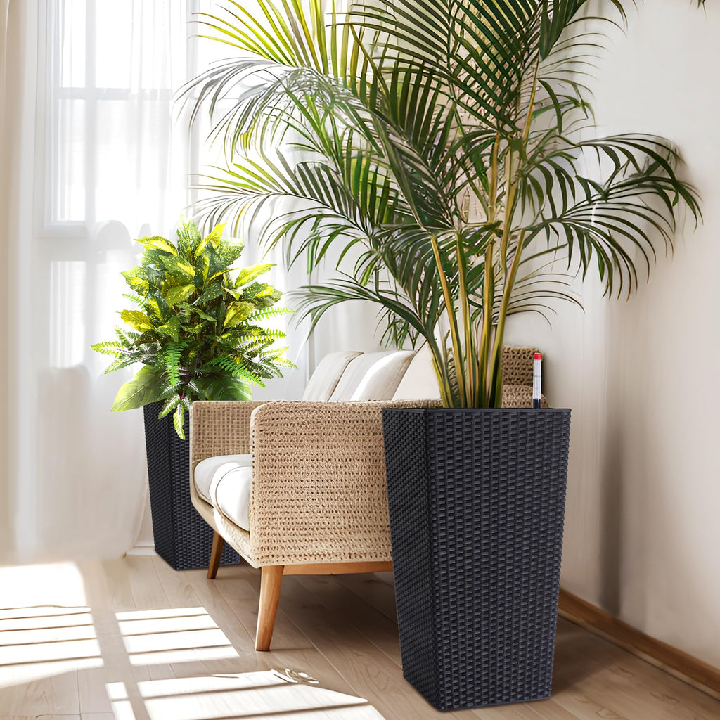 Garvee 23" Tall Planters Set of 2, Outdoor＆Indoor Planter Pots, High Front Porch Planter Pots with Drainage Holes＆Water Level Monitor＆Inner Bucket, Automatic Watering, Convenience Instill, Black
