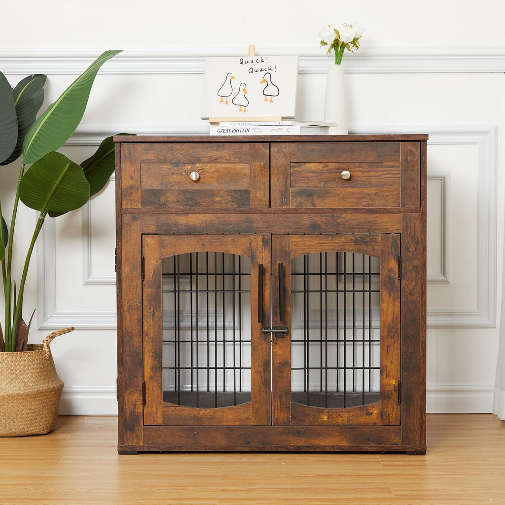 Garvee Dog Crate Furniture with Cushion, Wooden Dog Crate Table with 2 Drawers, Indoor 3-Doors Dog Kennel Furniture, Dog Cage Side End Table, Brown 39.4" L