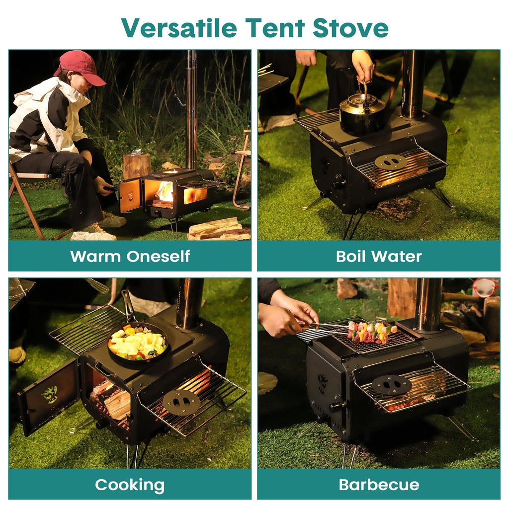 Garvee Outdoor Portable Wood Burning Stove for Camping - Cast Iron Tent Stove with View Glass & Chimney Pipes, Ideal for Ice Fishing, Cookout & Travel