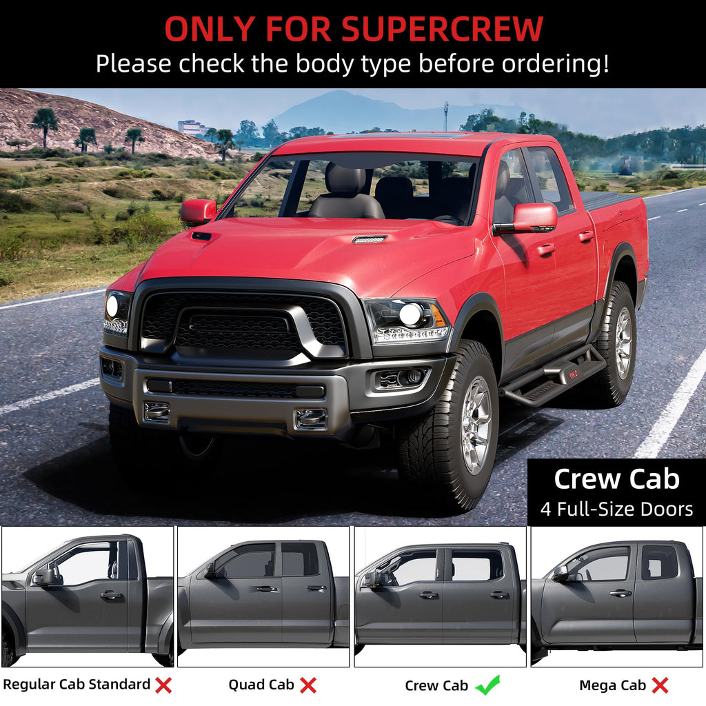 Garvee Running Boards 6.5 Inches with Two Stairs Design Compatible with 2009-2018 Dodge Ram 1500, 2019-2023 Ram 1500 Classic, 2010-2022 Ram 2500 3500 Crew Cab(4 Full-Size Doors), Bolt-on Side Steps
