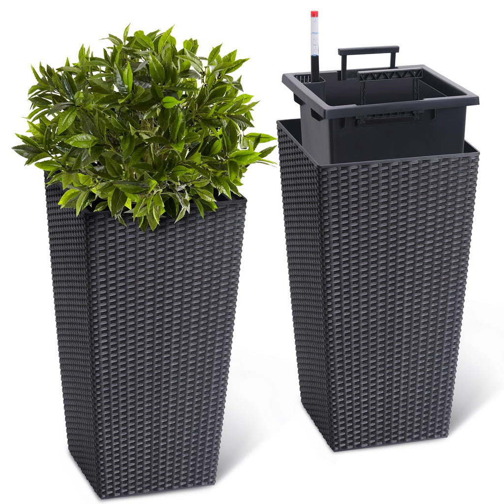 Garvee 23" Tall Planters Set of 2, Outdoor＆Indoor Planter Pots, High Front Porch Planter Pots with Drainage Holes＆Water Level Monitor＆Inner Bucket, Automatic Watering, Convenience Instill, Black