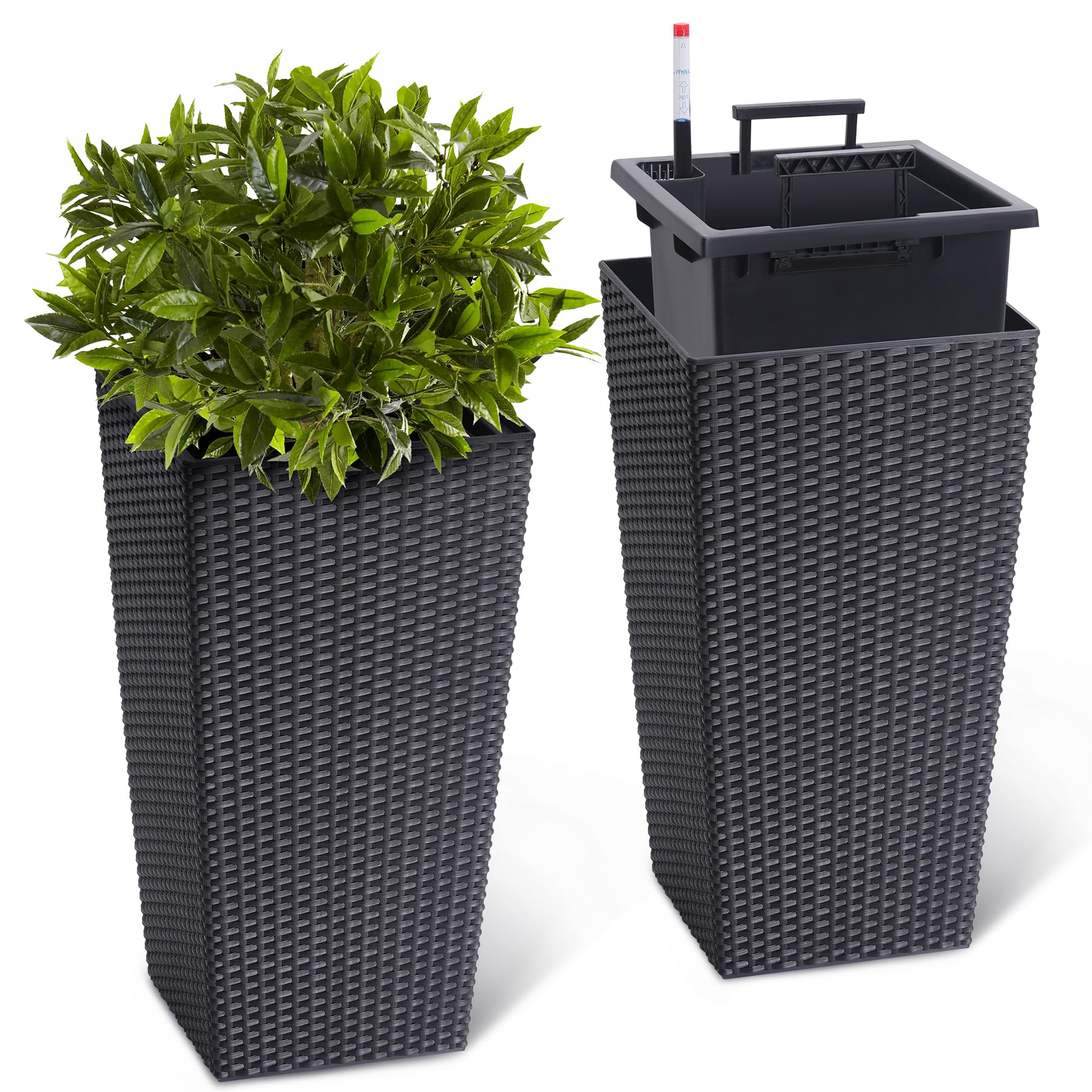 Garvee 23" Tall Planters Set of 2, Outdoor＆Indoor Planter Pots, High Front Porch Planter Pots with Drainage Holes＆Water Level Monitor＆Inner Bucket, Automatic Watering, Convenience Instill, Black