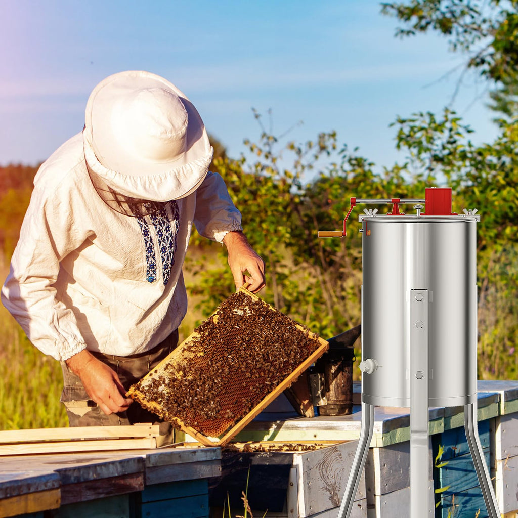 Garvee Manual 3 Frame Honey Extractor – Food-Grade Stainless Steel with Adjustable Stand & Transparent Lid for Small-Scale Beekeeping & Harvesting