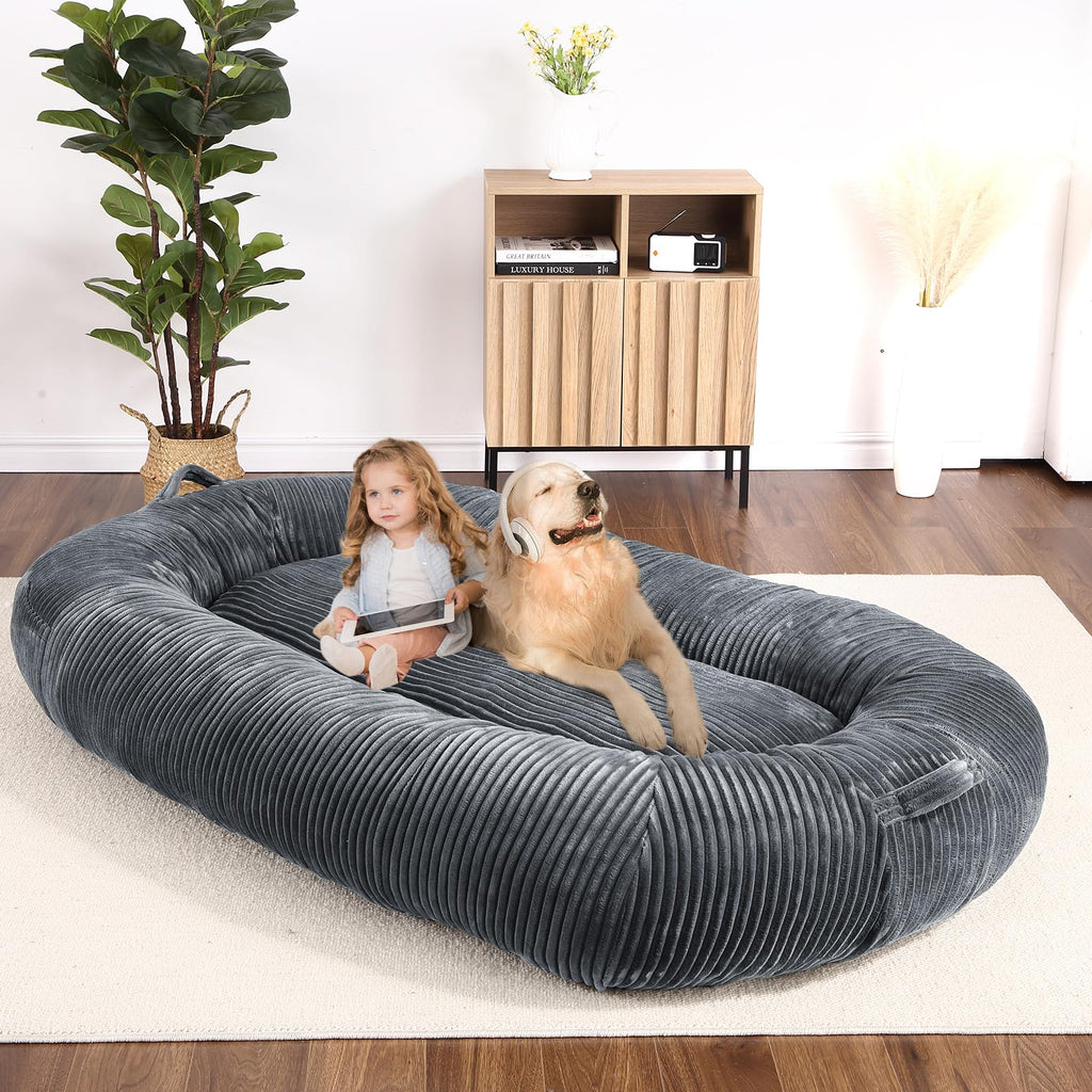 Garvee Dog Bed for Adult, Human Size Giant Dog Bed for Men and Women, 71”x48”x14” Human Dog Lazy Sofa Bed for People and Pets, Washable Strip Flannel Nap Bed Adult Oval, Human-Sized Dog Bed,Dark Grey