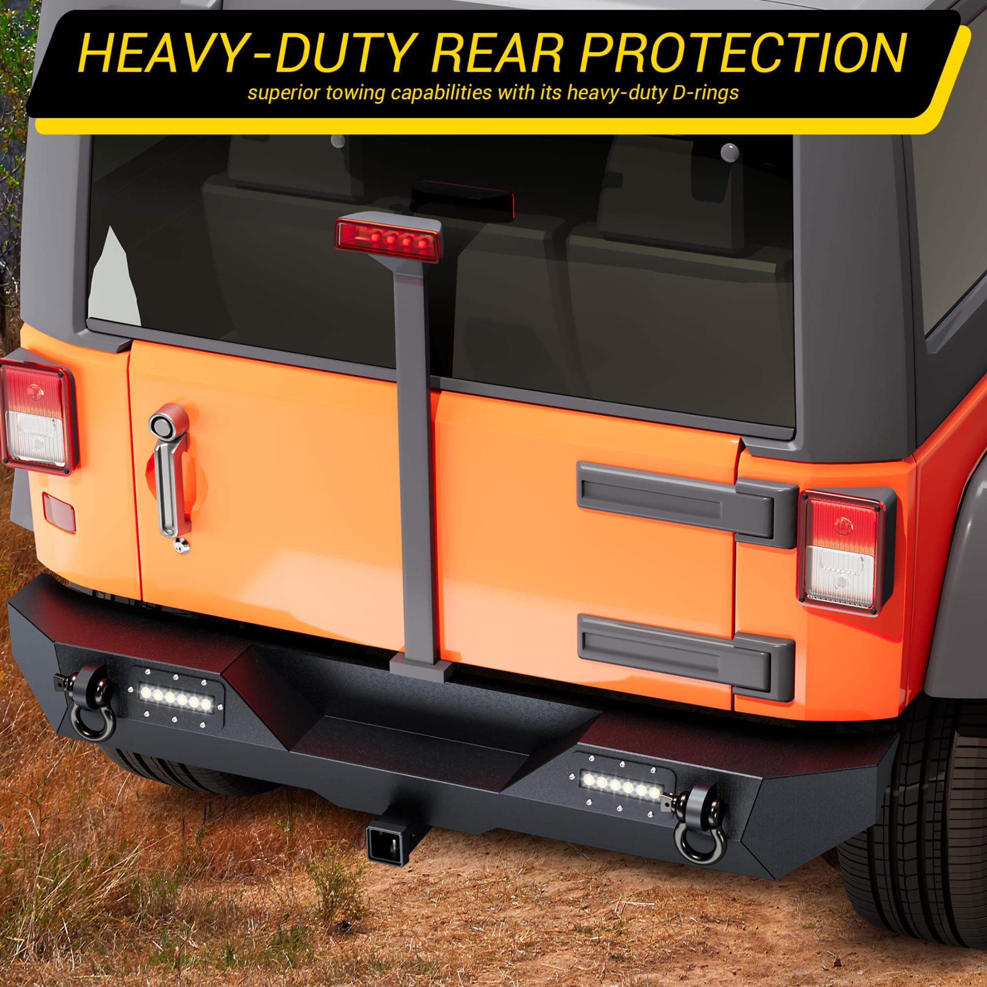 Garvee Rear Bumper Compatible With Wrangler JK, Rock Crawler Rear Bumper Cover With Hitch Receiver & 2X LED Lights, Off Road, Black