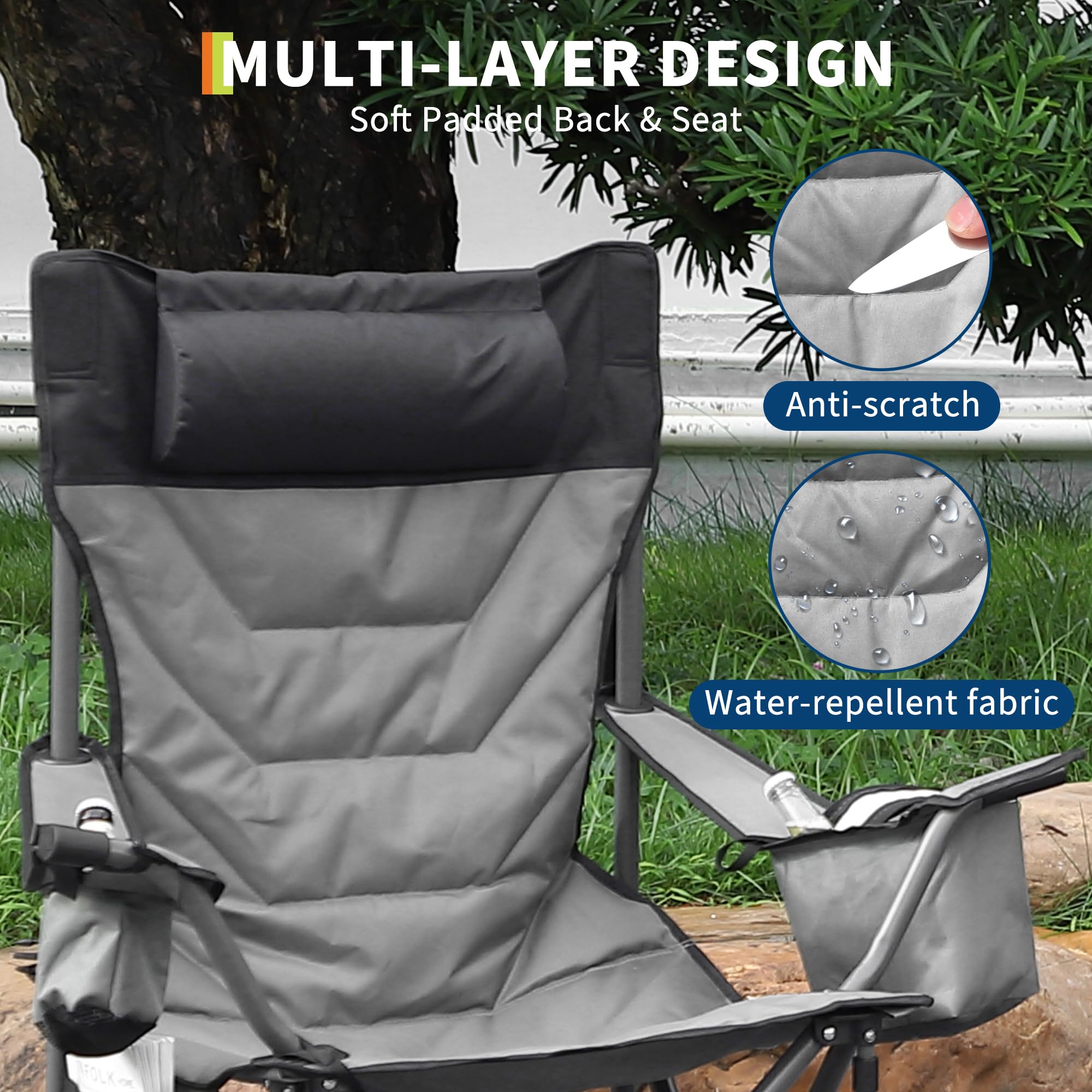 Garvee Heavy Duty Oversized Camping Chair With Cooler Pouch, Quad Lumbar Support, Cup Holder For Adults, 400 LB Capacity, Folding Outdoor Chair