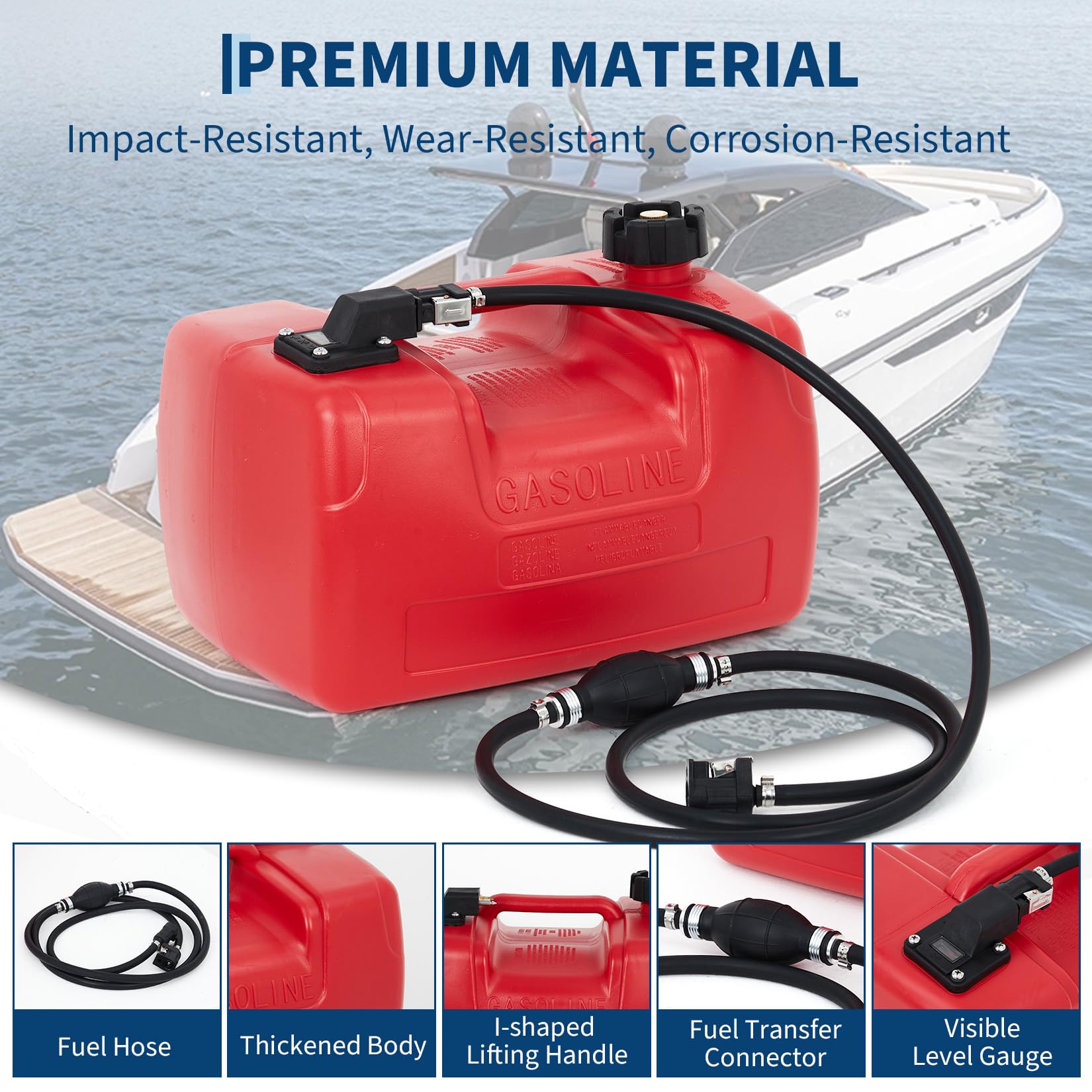 Garvee 3 Gallon Portable Boat Fuel Gas Tank, 12L Marine Tank with Line and Connector, I-Shaped Handle, Compatible with Boats, Kayaks & Outboard Engines, Compact Design, Durable HDPE Material