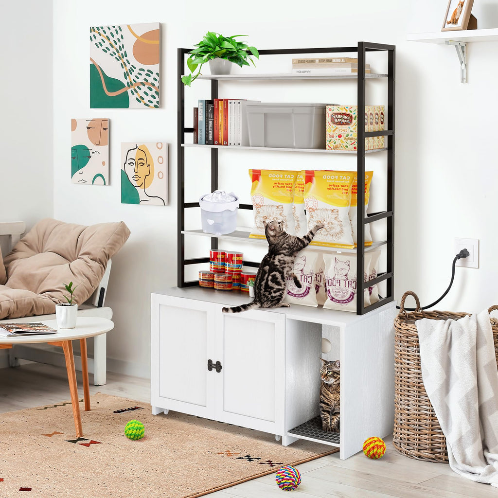 Garvee Cat Litter Box Enclosure, Hidden Cat Litter Box Furniture, Large Double Door Cat House with 3 Shelves and Charging Station, Push-Pull Mobile Chassis