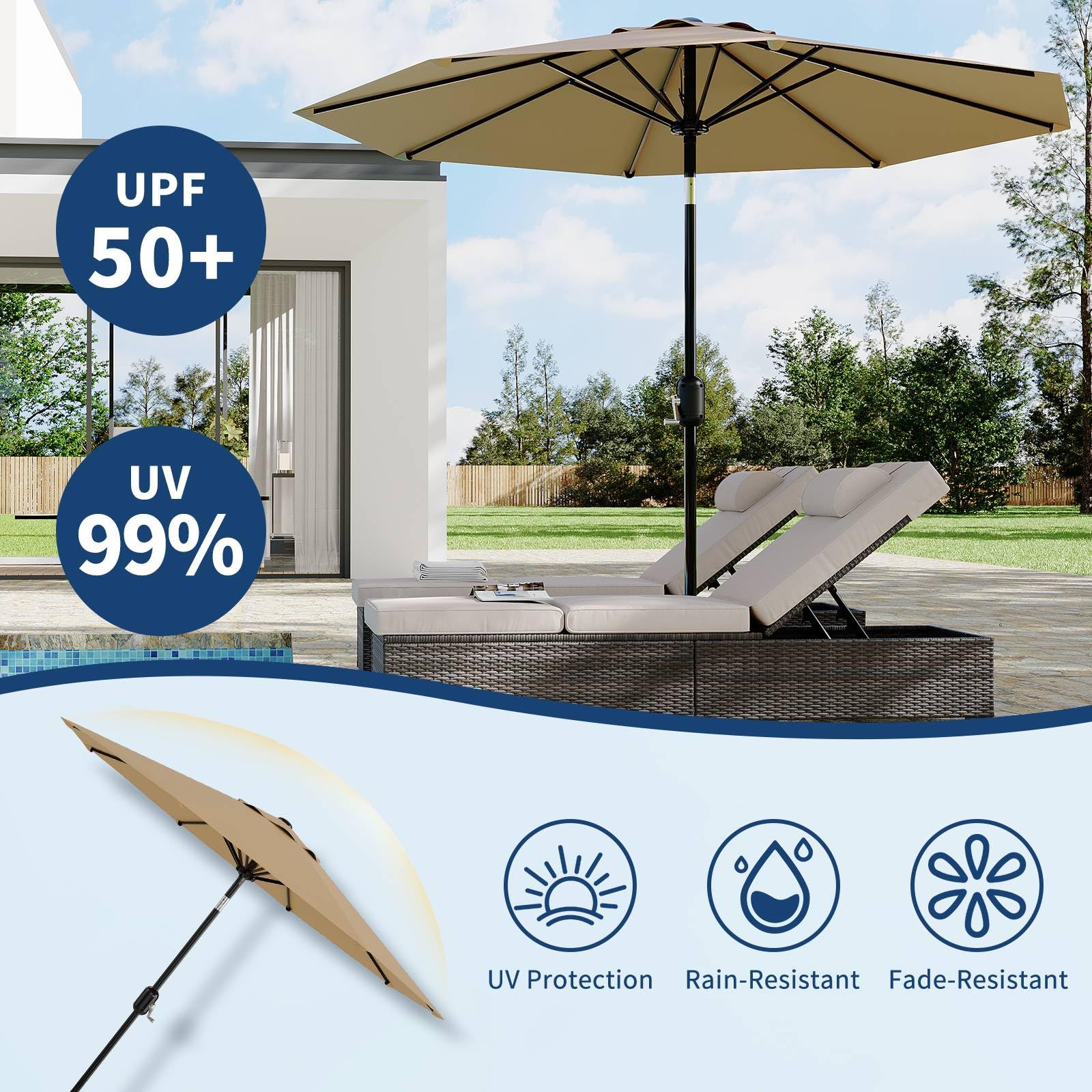 Garvee 10' Patio Umbrella with Crank Lift & Push Button Tilt – 8 Sturdy Ribs Table Umbrella for Yard, Deck, Pool, Outdoor Patio, Tan