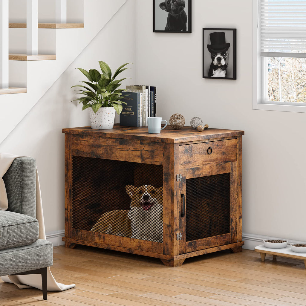Garvee Furniture Style Dog Crate with Pocket Hiding Door, Lockable End Table, Rustic Brown, Flip Top, 32” for Small Dogs