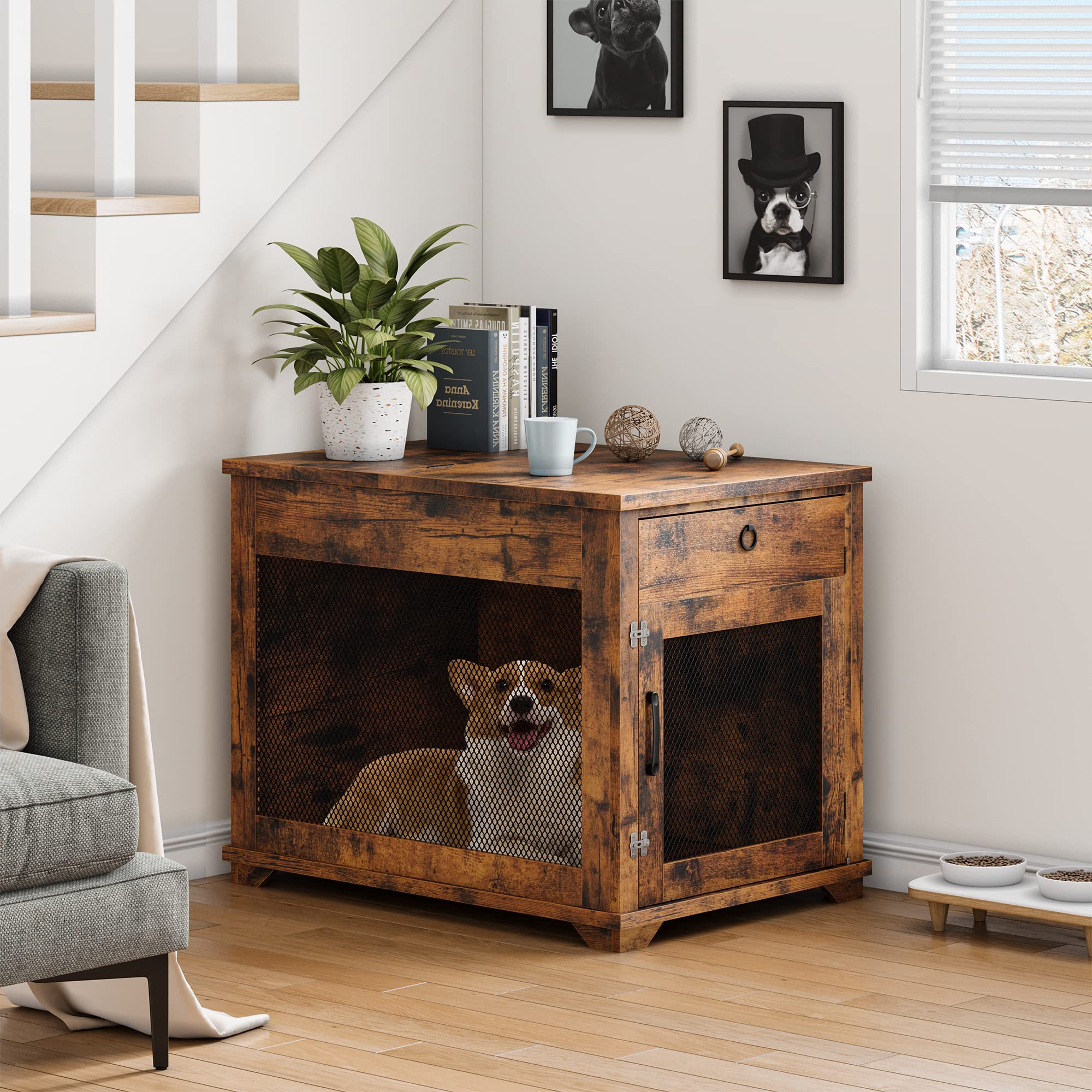 Garvee Furniture Style Dog Crate with Pocket Hiding Door, Lockable End Table, Rustic Brown, Flip Top, 32” for Small Dogs