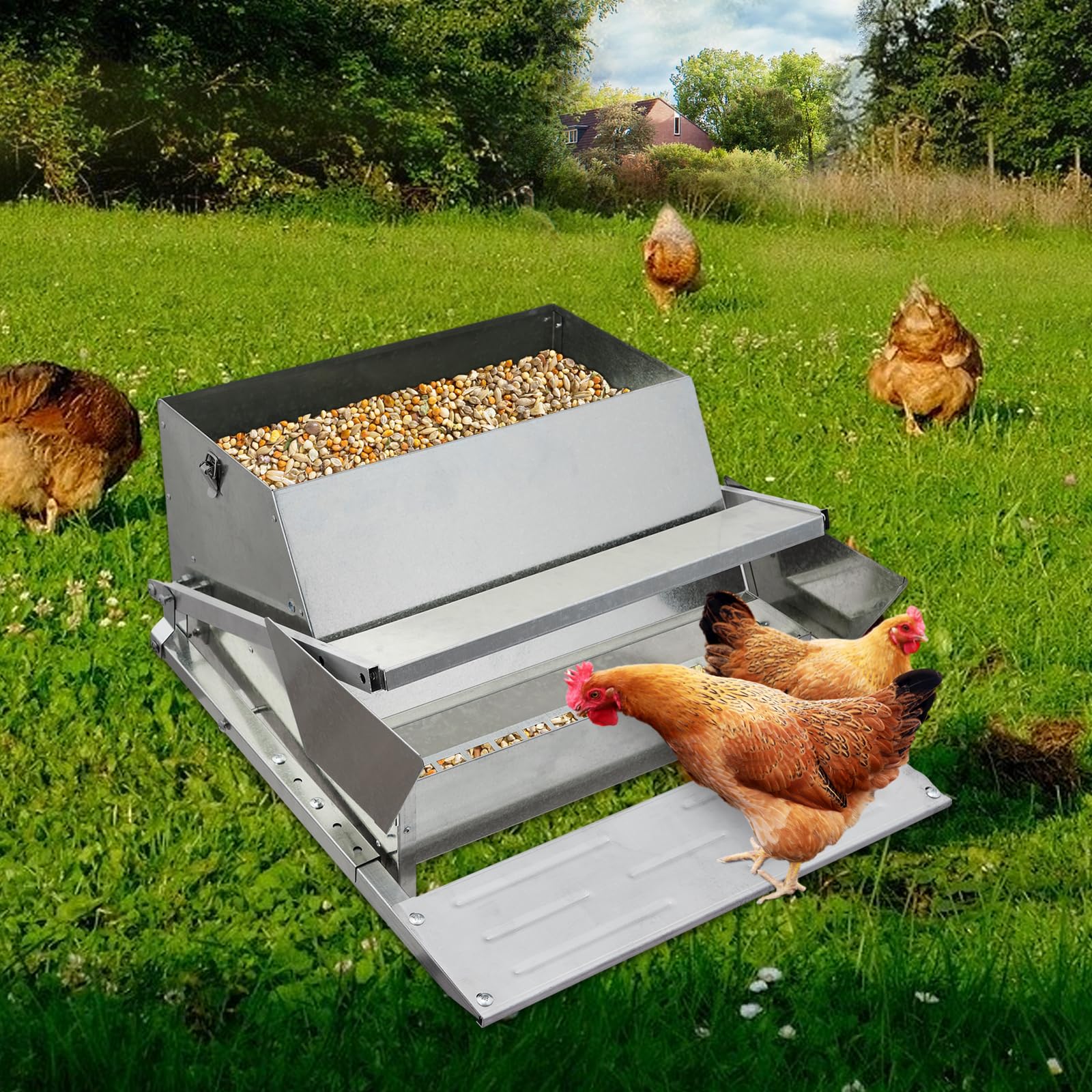 Garvee 27LBs Automatic Treadle Chicken Feeder, Galvanized Steel, Outdoor