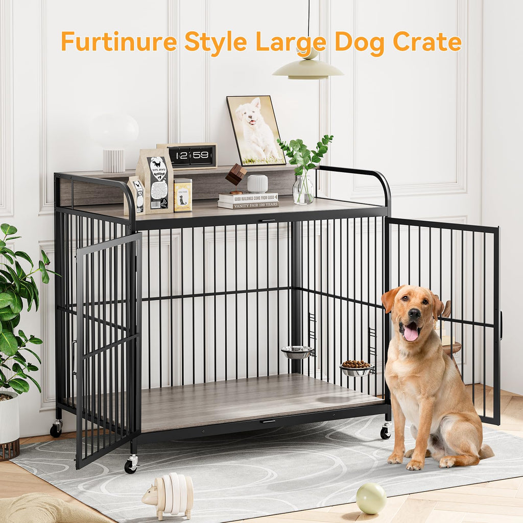 Garvee 48" Dog Kennel Furniture for Large Dogs,Large Dog Crate, Wooden Heavy Duty, Dog Crate Indoor with Adjustable Height Bowls, 48" L X 29.9" W X 44.3" H,Grey