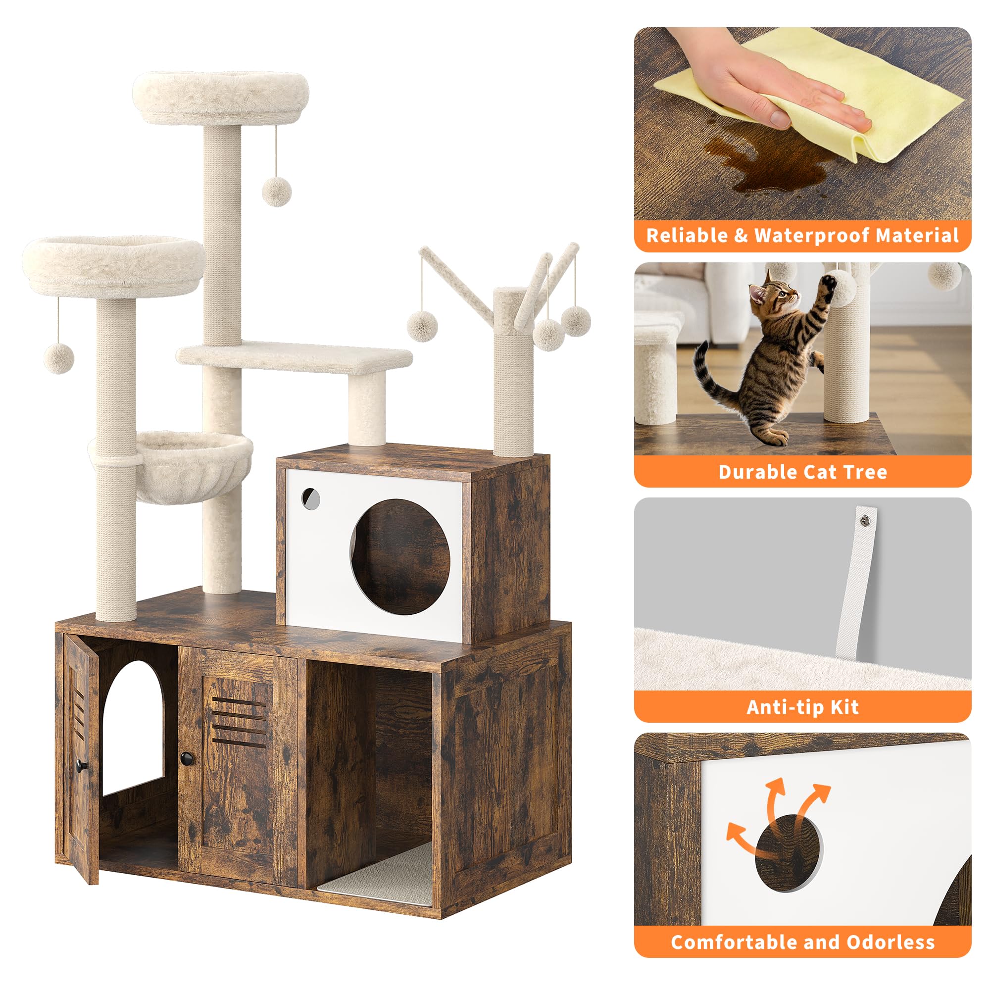 Garvee Cat Tree with Litter Box Enclosure, Sisal Scratching Post, Modern Wooden Cat Tower, Rustic Brown, Compact 31.5''x18.9''