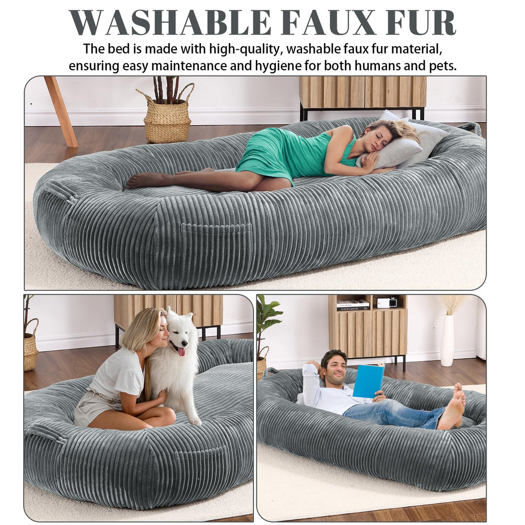 Garvee Dog Bed for Adult, Human Size Giant Dog Bed for Men and Women, 71”x48”x14” Human Dog Lazy Sofa Bed for People and Pets, Washable Strip Flannel Nap Bed Adult Oval, Human-Sized Dog Bed,Light Grey