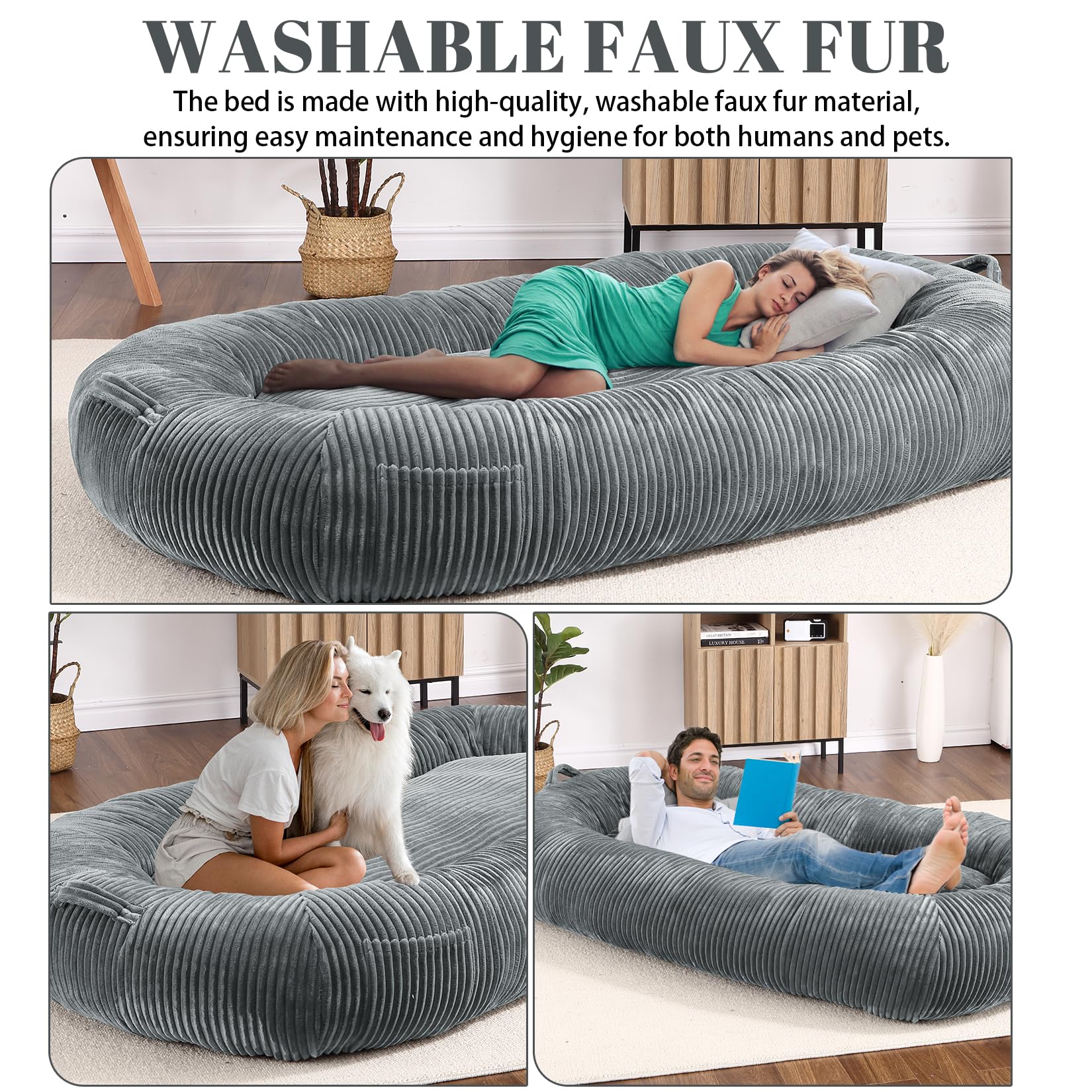 Garvee Dog Bed for Adult, Human Size Giant Dog Bed for Men and Women, 71”x48”x14” Human Dog Lazy Sofa Bed for People and Pets, Washable Strip Flannel Nap Bed Adult Oval, Human-Sized Dog Bed,Light Grey