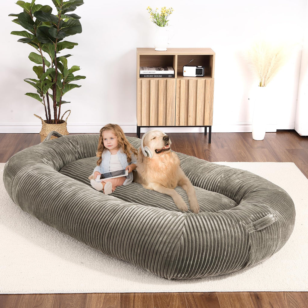 Garvee Dog Bed for Adult, Human Size Giant Dog Bed for Men and Women, 71”x48”x14” Human Dog Lazy Sofa Bed for People and Pets, Washable Strip Flannel Nap Bed Adult Oval, Human-Sized Dog Bed,Brown