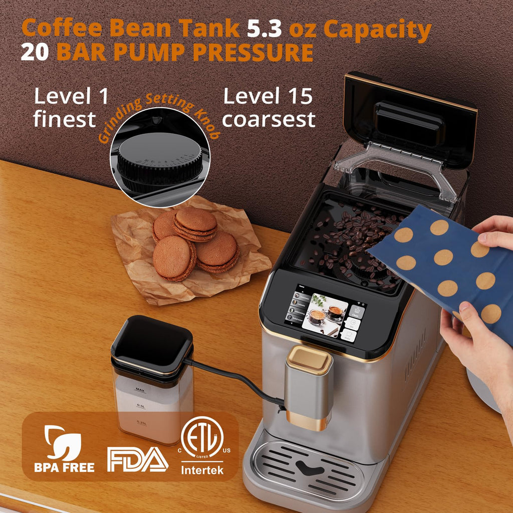 Garvee Automatic Espresso Machine, Coffee Machine with Grinder, Espresso Maker with Automatic Milk Frother, 20 Bar Latte Machine, TFT Touch Screen for Cappuccino, Americano(Silver+Gold)