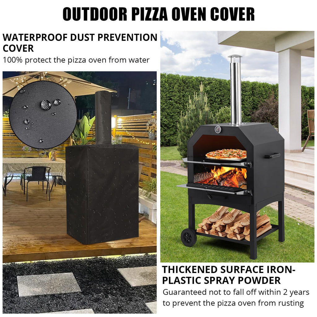 Garvee Outdoor Pizza Oven, Wood-Fired with Wheels, 12" Pizza Stone, Waterproof Cover, Pizza Peel & Accessories for Camping, Backyard BBQ, and Parties