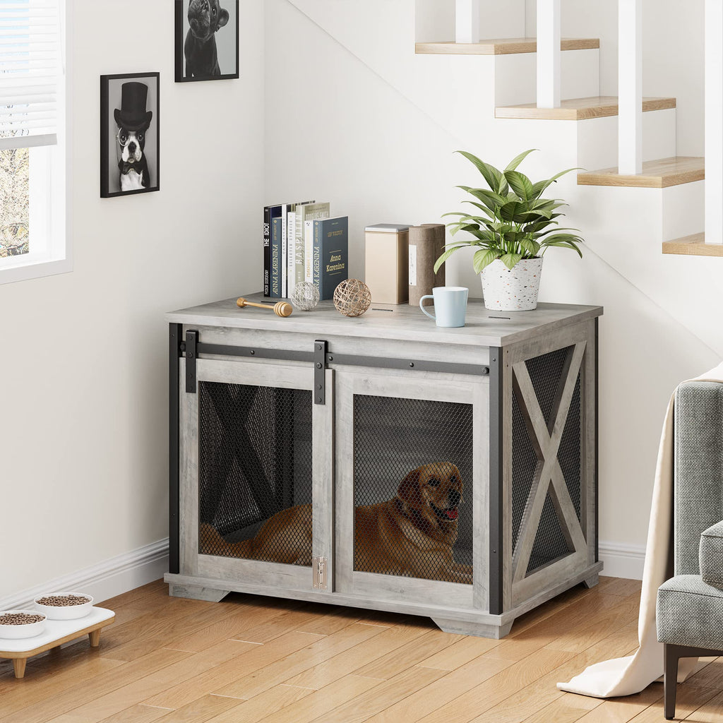 Garvee 37'' Dog Crate Furniture Side End Table with Flip Top and Movable Divider, Wooden Dog Crate Table Large, Style Dog Kennel Side End Table