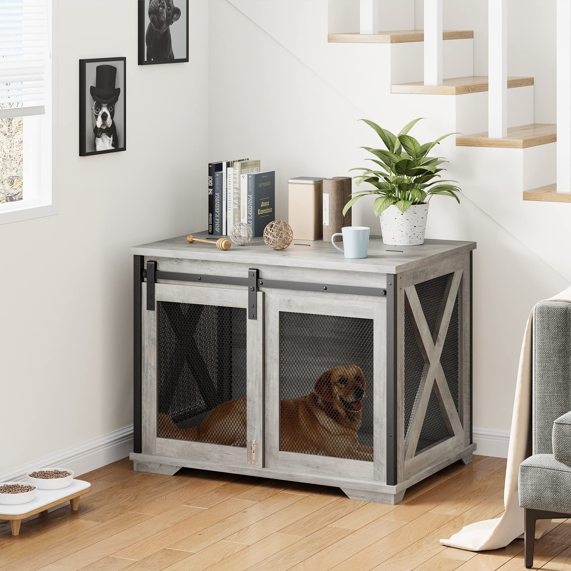 Garvee 37" Dog Crate Furniture Side End Table with Flip Top and Movable Divider, Wooden Dog Crate Table Large, Style Dog Kennel Side End Table, Gray