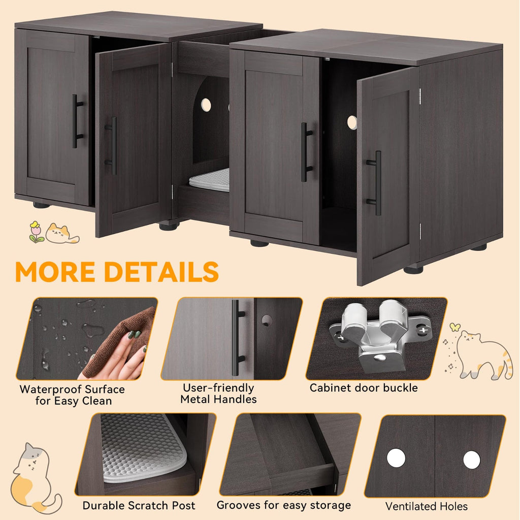 Garvee Hidden Litter Box Enclosure for 2 Cats, Double Room Cat Furniture Cabinet with Storage Groove & Odor-Reducing Mat, Wooden Cat Washroom Bench for Living Room, Dark Walnut
