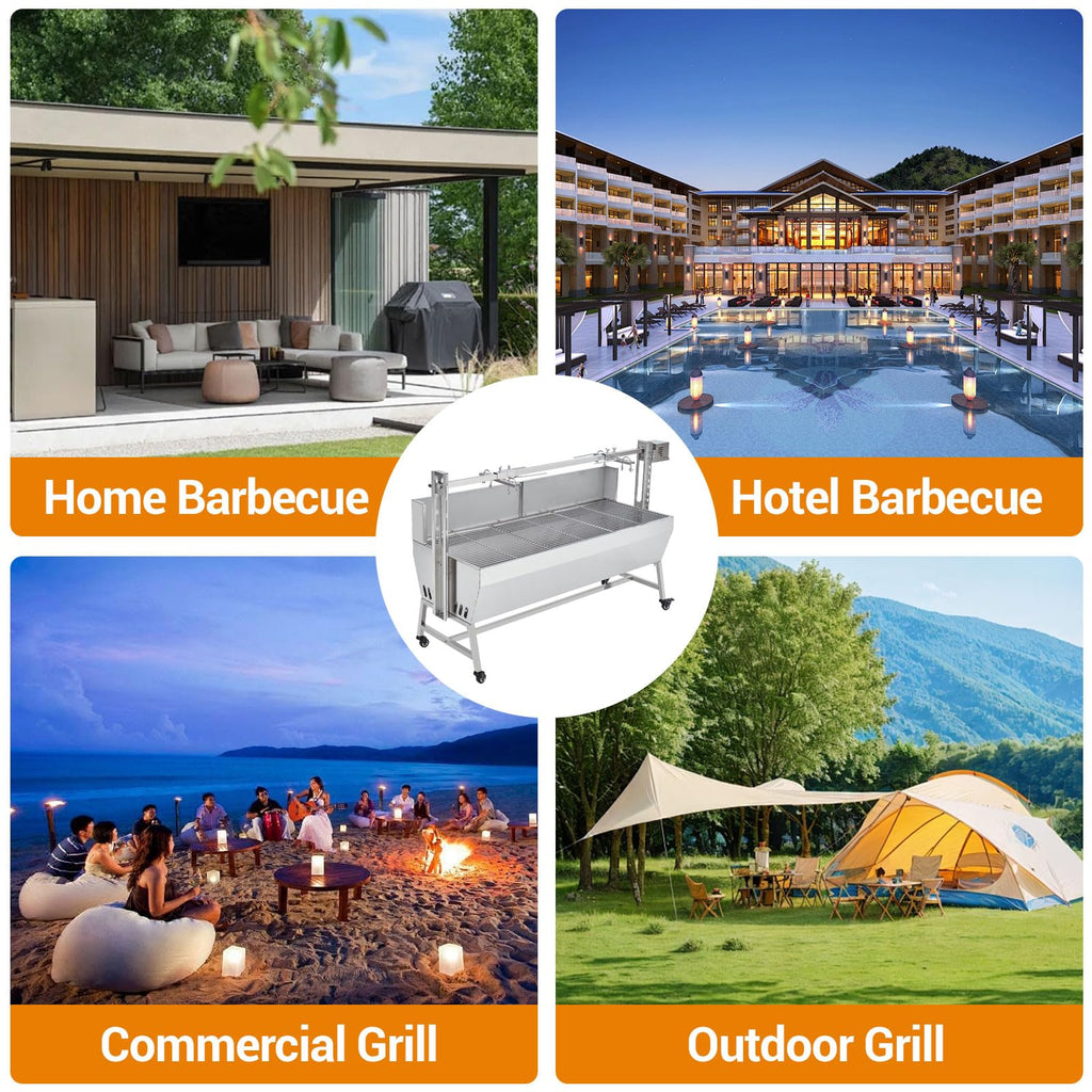Garvee Stainless Steel Rotisserie Grill with Wind Screen, 62in 200LB Capacity Electric BBQ Pig Lamb Rotisserie Roaster with 50W Motor, Charcoal Spit Roaster Grill for Outdoor Kitchen, Camping