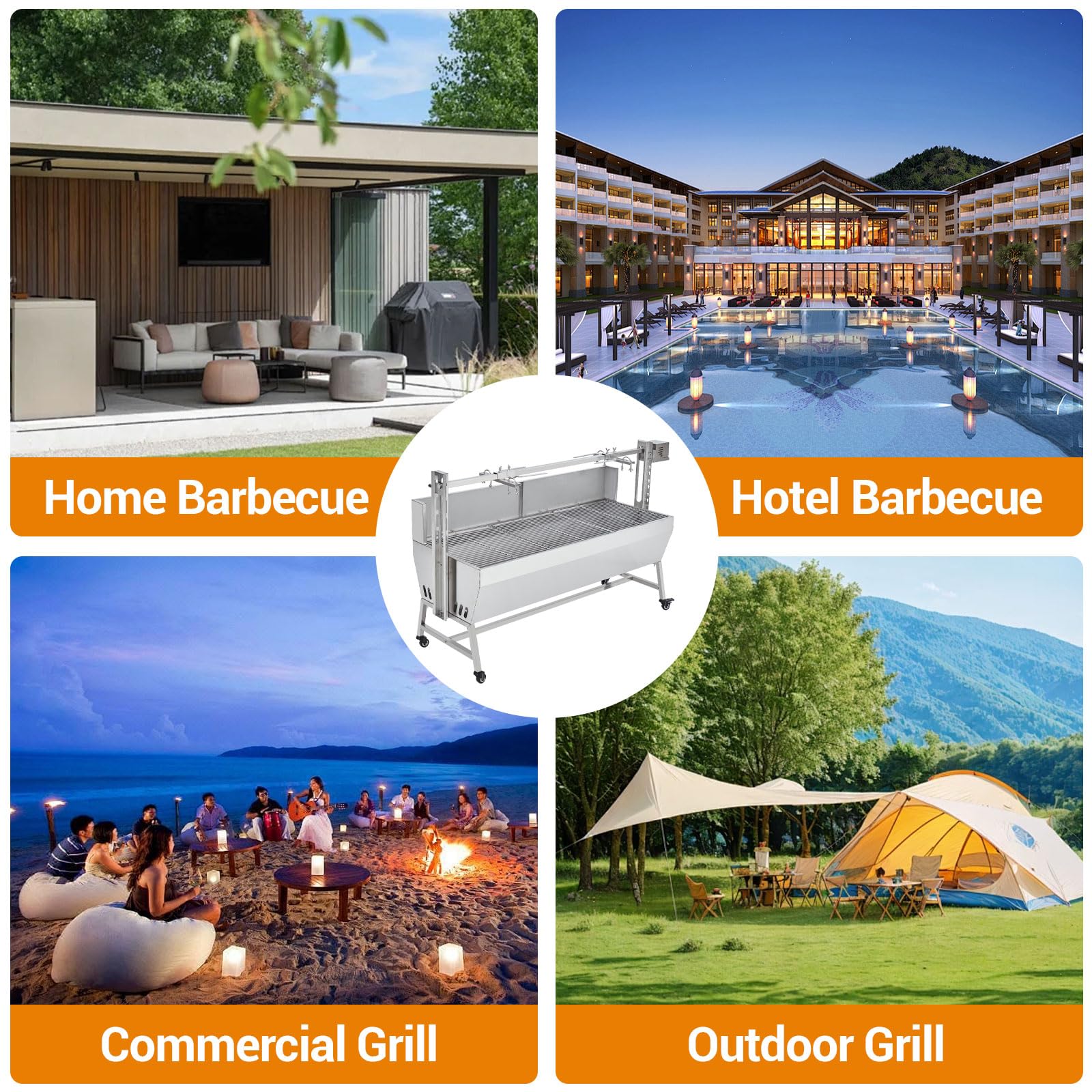 Garvee Stainless Steel Rotisserie Grill with Wind Screen, 62in 200LB Capacity Electric BBQ Pig Lamb Rotisserie Roaster with 50W Motor, Charcoal Spit Roaster Grill for Outdoor Kitchen, Camping