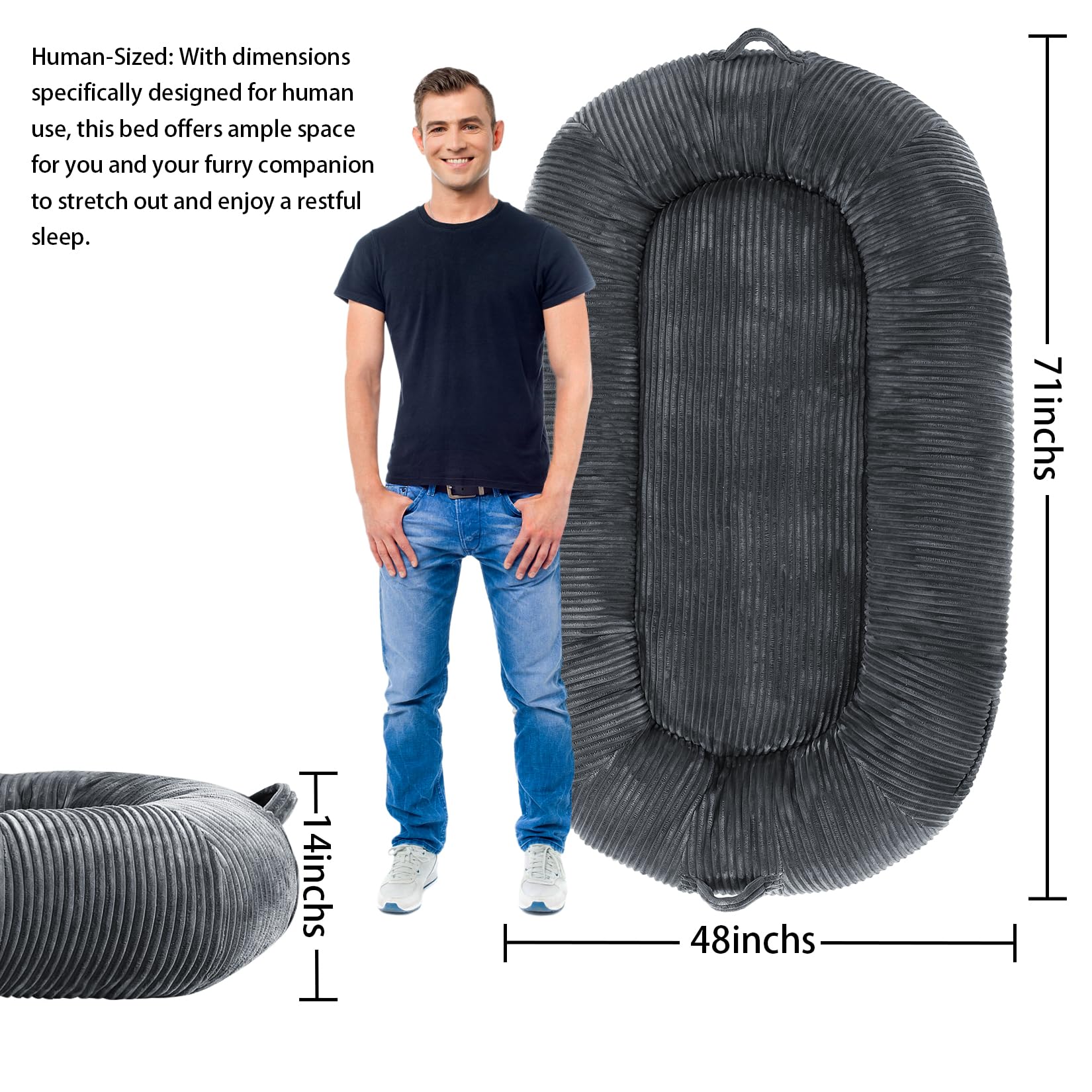 Garvee Dog Bed for Adult, Human Size Giant Dog Bed for Men and Women, 71”x48”x14” Human Dog Lazy Sofa Bed for People and Pets, Washable Strip Flannel Nap Bed Adult Oval, Human-Sized Dog Bed,Dark Grey