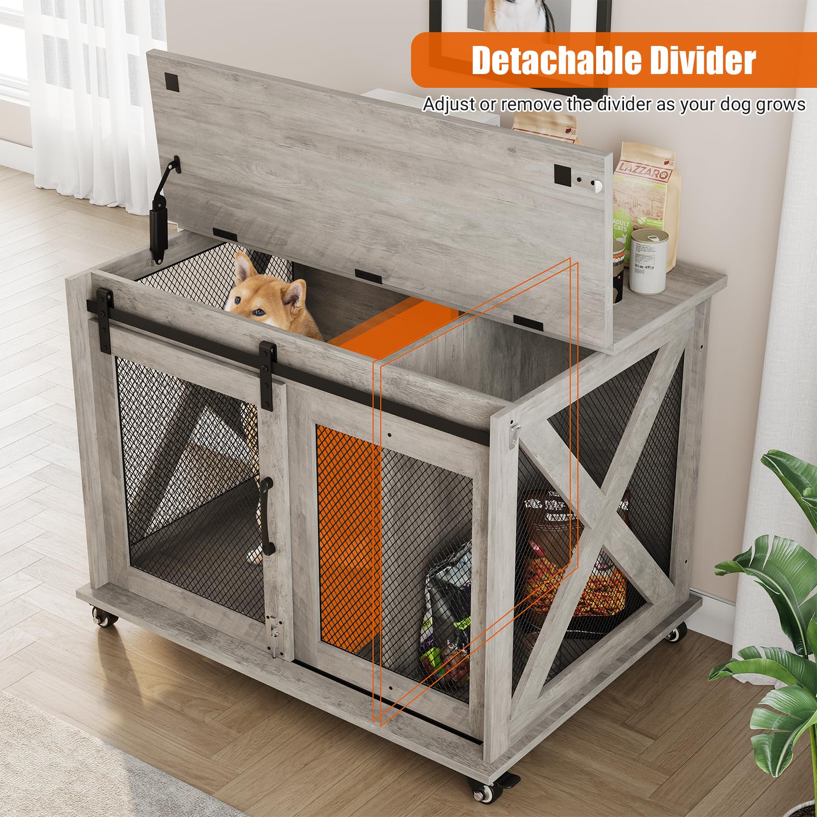 Garvee Dog Crate Furniture with Sliding Barn Door, Flip Top Furniture Style Dog Crate End Table with Wheels, Indoor Dog Kennel House with Removable Divider, Gray