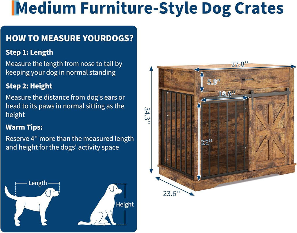 Garvee 37.8"W Dog Crate Furniture for Small/Medium Dogs, 2-in-1 Iron-Wood Fusion Dog Cage Indoor As Side End Table, Farmhouse Dogs Kennel with Sliding Barn Doors & Storage Drawer, Brown