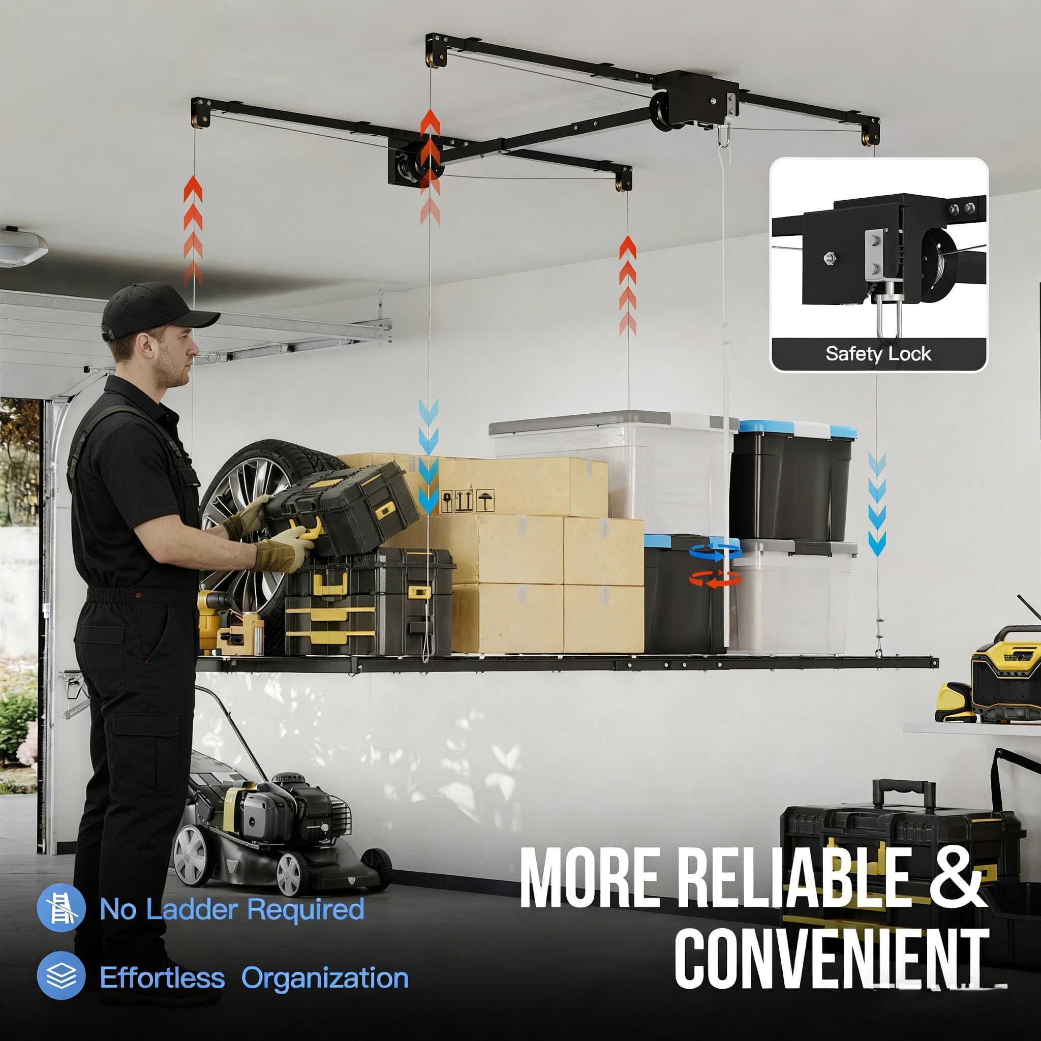 Garvee 4x8 FT Overhead Garage Lifting Storage Rack, Heavy-Duty Metal, Adjustable, Safety Lock, Black